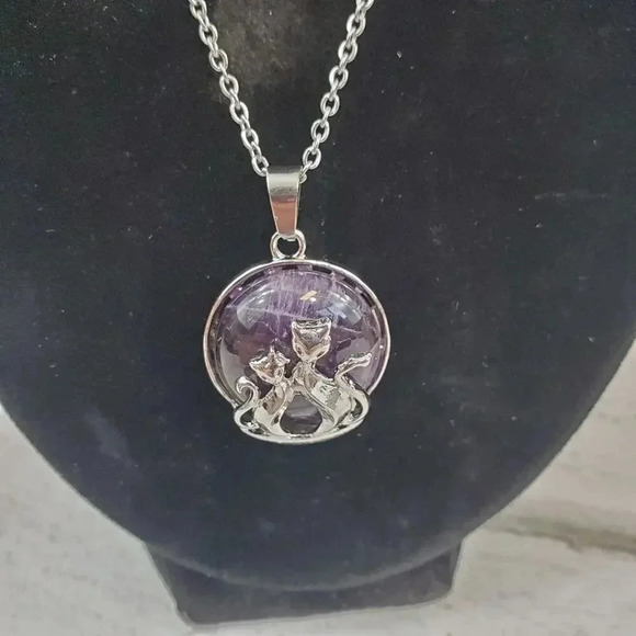Amethyst Mother and Baby Cat Necklace with Natural Stone Center Stainless Steel - Picture 7 of 9